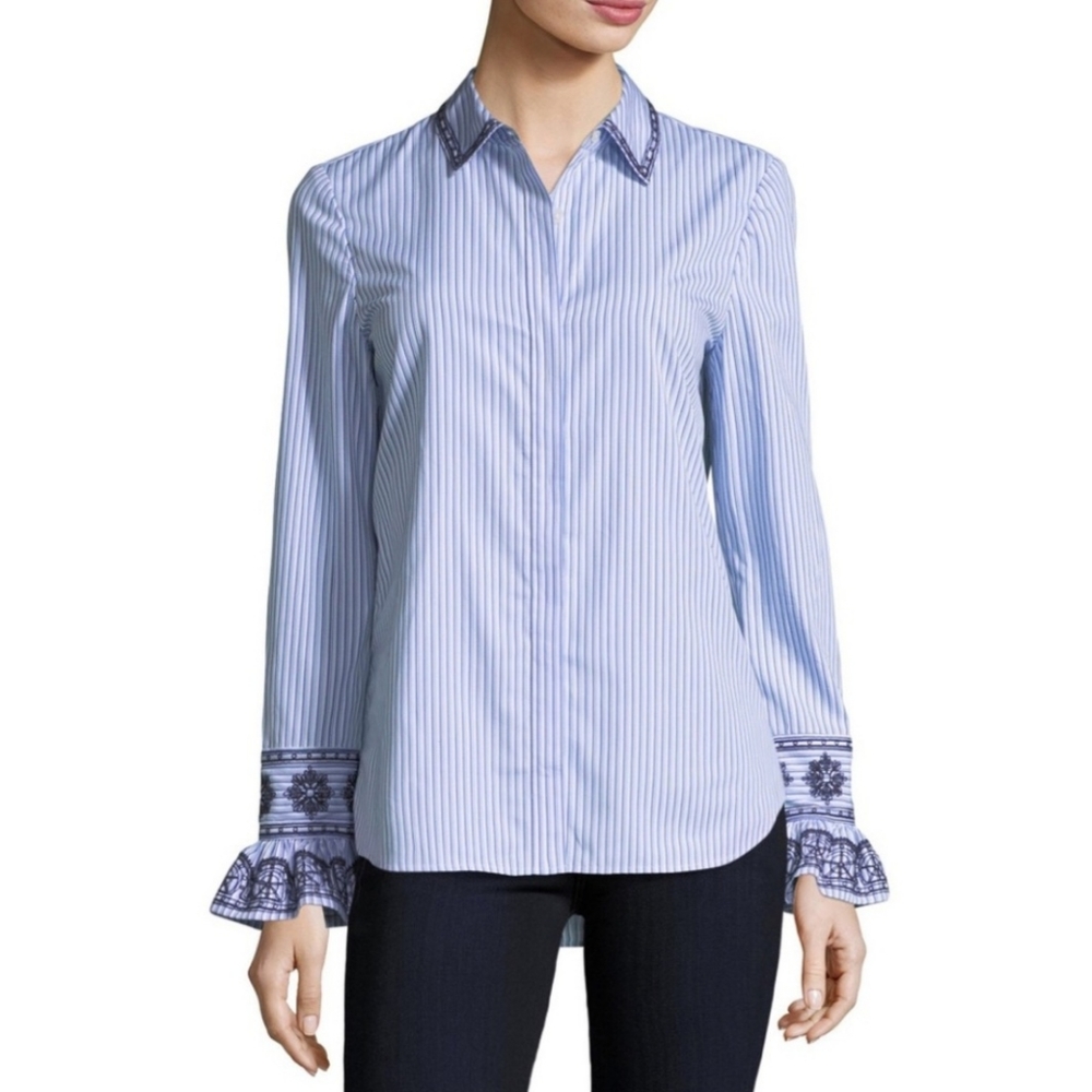 Tory Burch Blue & White Striped Embroidered Cuff Blouse